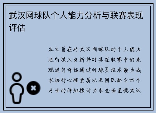 武汉网球队个人能力分析与联赛表现评估