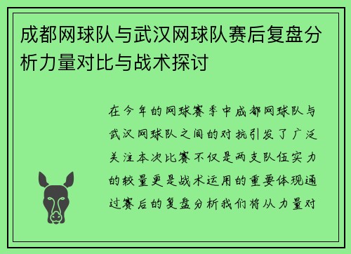 成都网球队与武汉网球队赛后复盘分析力量对比与战术探讨