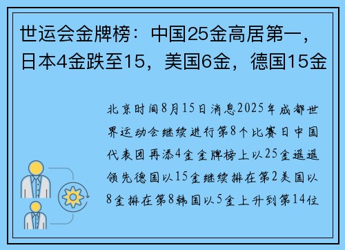 世运会金牌榜：中国25金高居第一，日本4金跌至15，美国6金，德国15金